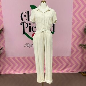 Jessica Simpson Cream Short-Sleeve Collared Jumpsuit with Tie Waist